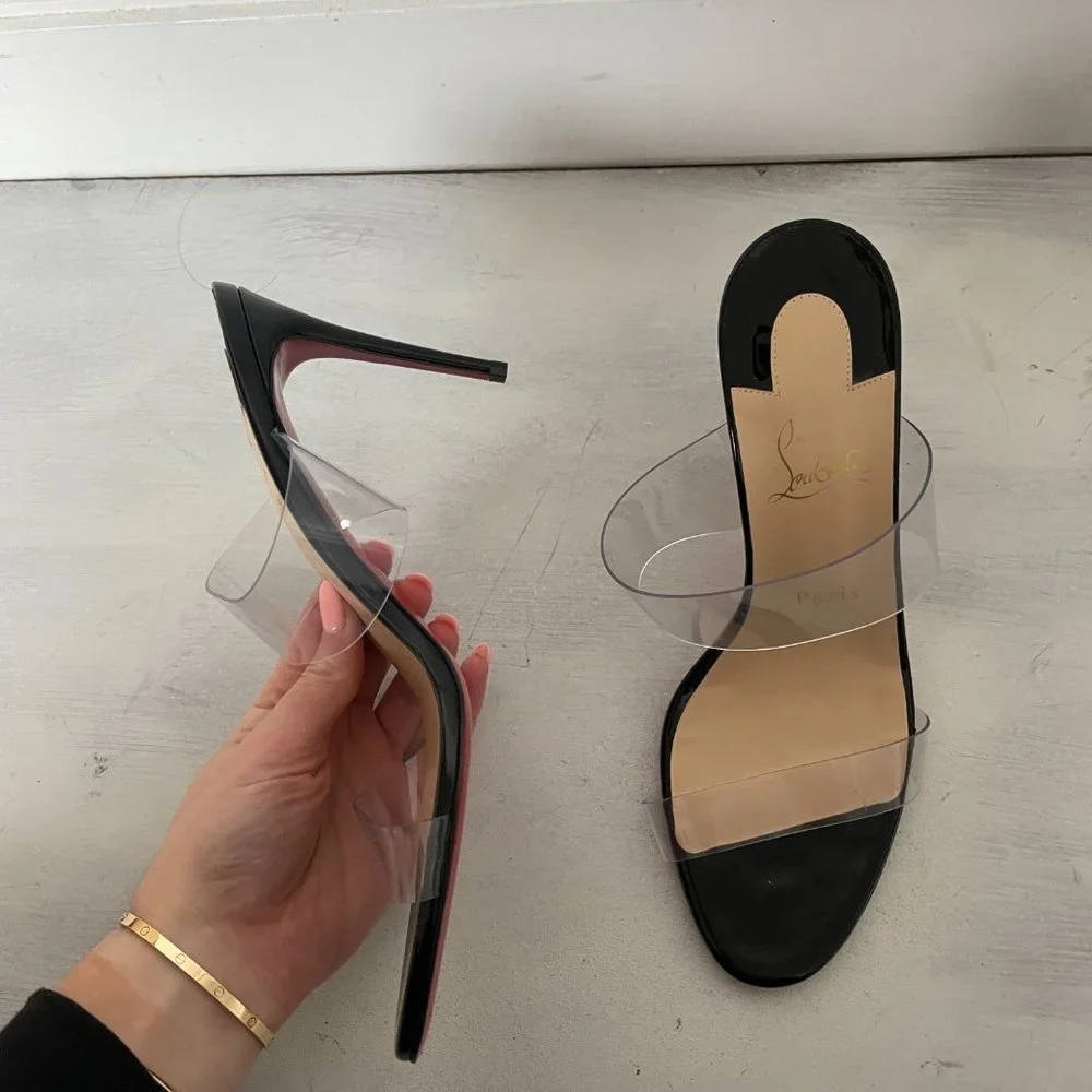 ❌SOLD❌Christian Louboutin Just Nothing 85 Slide Sandals Patent Leather PVC Mule - Picture 6 of 12